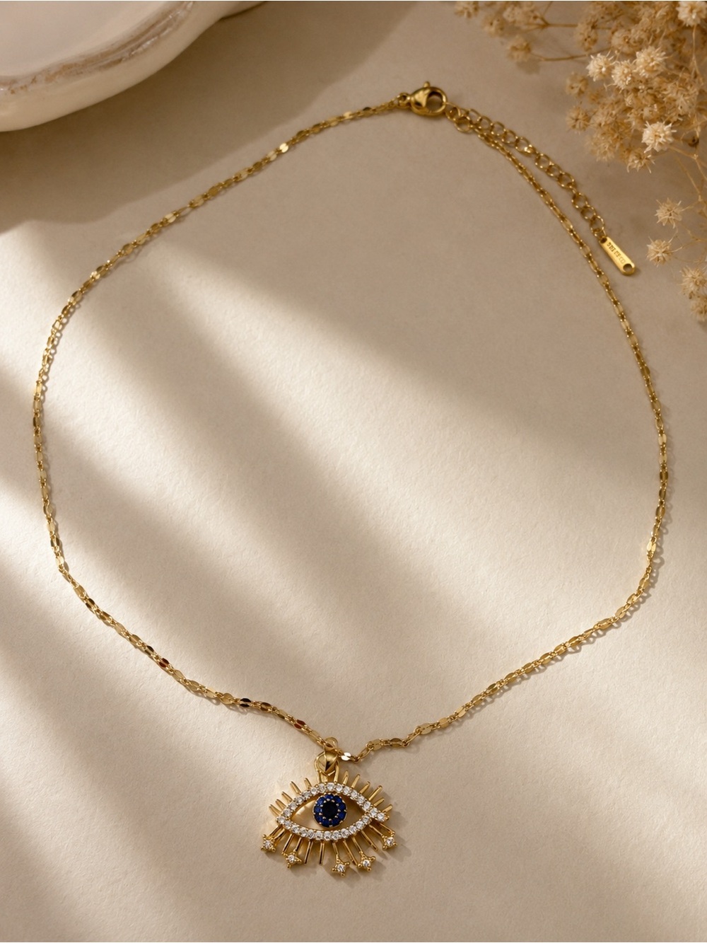Gold Plated Evil Eye Pendant Necklace with Blue Center -